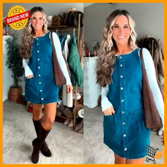 Sleeveless Denim Overalls Dress with Pockets, Backless Mini Romper - Picture 3 of 7